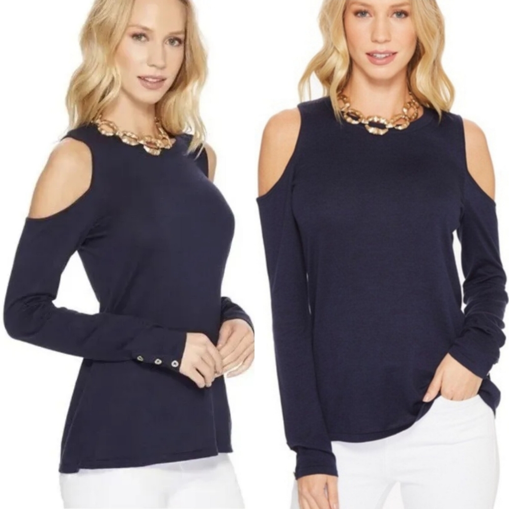 Lilly Pulitzer size xs lyon wool blend knit pullover cold shoulder sweater navy - Picture 1 of 9